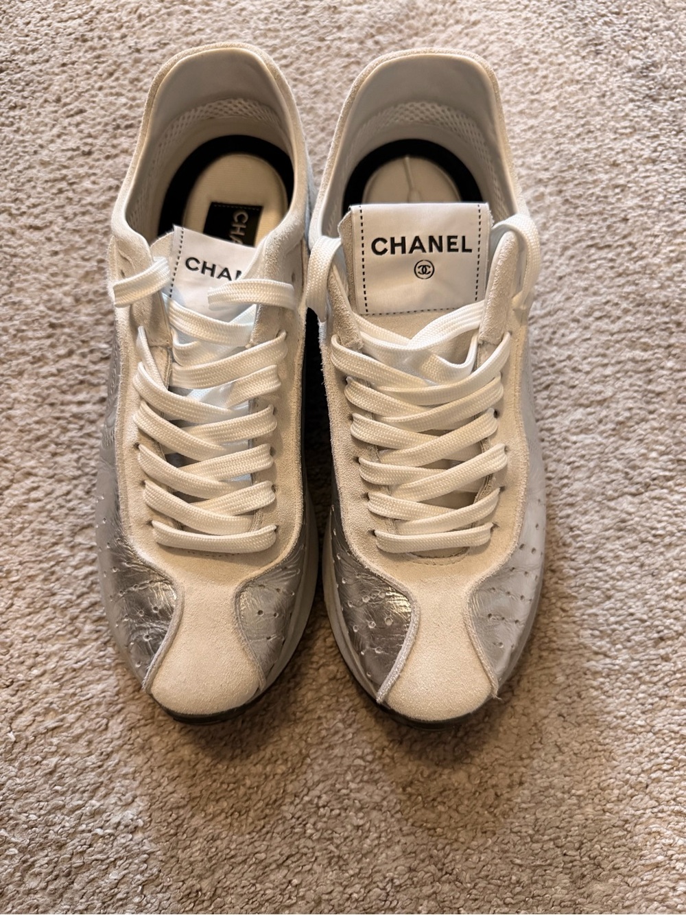CHANEL 25C White and Silver Women's Low-Top Sneakers